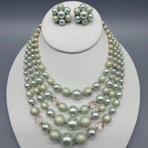Vintage Multi Strand Japan Green Bead Necklace Mod Lucite Earrings Set